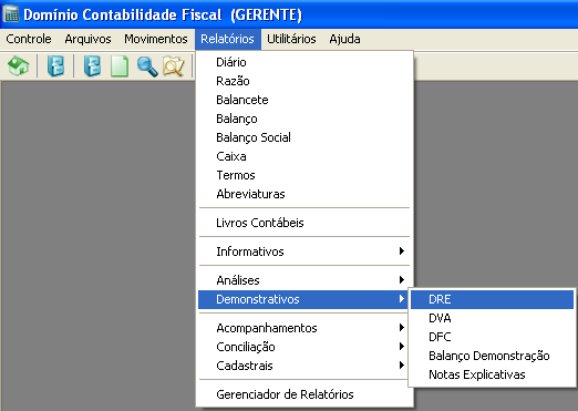 4 Clique em Menu arquivos opção contas na janela que se abrira, selecione quais contas farão parte do D.R.E, com a conta já selecionada, no quadro demonstrativos na opção Grupo D.R.E selecione a qual grupo a conta do plano de contas estará vinculada no D.