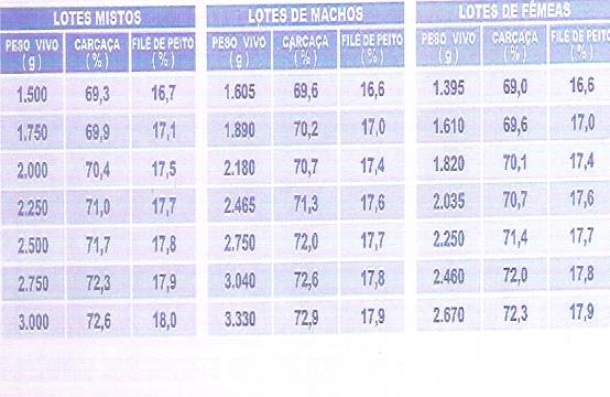 PERFORMANCE DE OBJETIVOS DA LINHAGEM HYBRO PG RENDIMENTO DE CARCAÇA E PEITO DE HYBRO PG RESULTADOS DE DESEMPENHO DE FRANGOS DE CORTE EMPRESAS CA