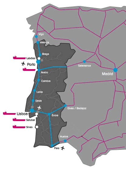 O TGV português (decidido em 2004) A rede portuguesa de alta velocidade ferroviária, decidida em 2004 e incluída na Rede Transeuropeia de Transportes, compreende cinco ligações: Passageiros