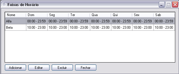 selecione a opção de menu Gerenciamento Faixas de Horário. O Configurador Biometrus permite o cadastro de até 49 configurações de horários.