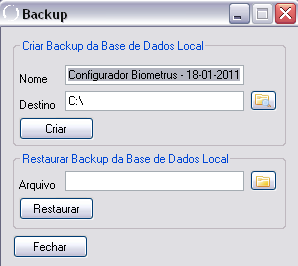 A seguinte tela será exibida: Criação Para realizar um backup você deve inserir no campo Nome o nome do arquivo de backup, e no campo Destino inserir o local onde o arquivo será salvo.