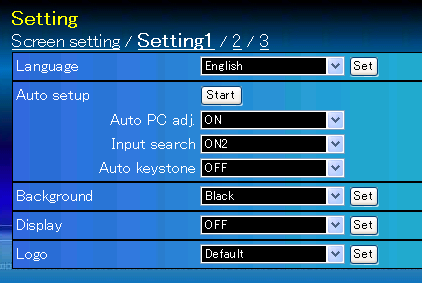 Capítulo 4 Controlar o projector Setting 1 Item Descrição Language...Define o idioma do menu de visualização no ecrã do projector. Auto setup...executa a função de AutoPC Adj.