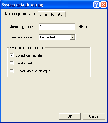 Ajustar o ajuste por defeito A informação monitorizada e informação de e-mail pode ser definida pelo procedimento ilustrado abaixo. 1 Seleccionar System default setting do menu System.