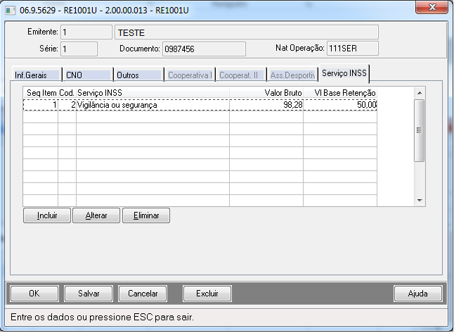 Por exemplo: Nos itens da nota foram informados os seguintes itens de serviço: Item A vl merc 1000,00 código serviço INSS 01 Item B vl merc 2000,00 código serviço INSS 12 Item C vl merc 3000,00