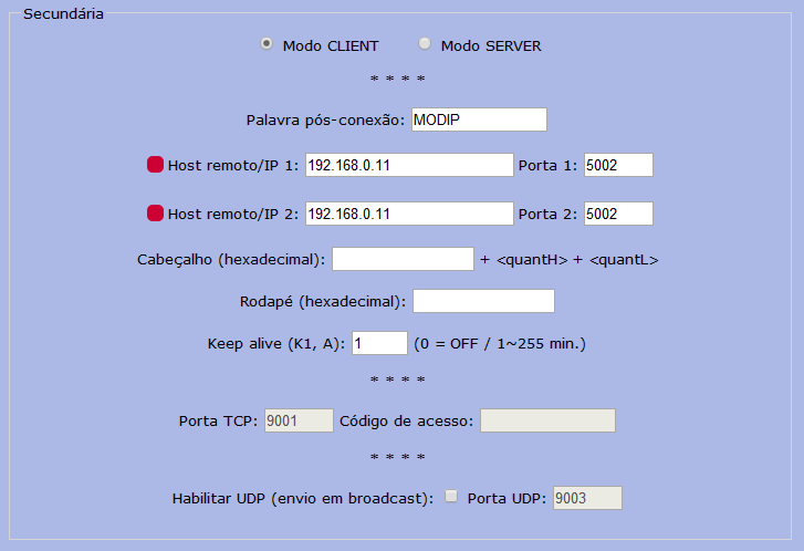 1.3 Configurar Comunicação TCP (Guarita IP) Clique no menu Comunicação. A página a seguir será exibida. Em Secundária, marque Modo CLIENT.