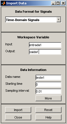 Após abrir a System Identification Tool, clique em: 1. Import data 2. Time domain data... Como resultado, uma nova janela, denominada Import Data, será aberta, conforme ilustra a Figura 3.