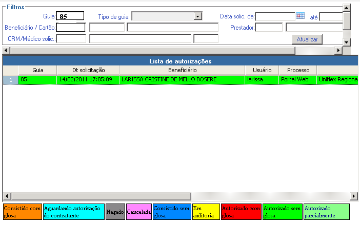 2.2.1.8 - EXEMPLO DE PESQUISA 1º Escolhi o campo GUIA para realizar a pesquisa, digitei o número 85.