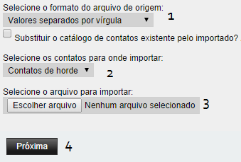 15 3.5 Importando Contatos a) Para importar os contatos para o webmail, clique em: b) Configure as opções de acordo com a figura abaixo 1 Tipo de formato do arquivo: Mais comum é separado por vírgula.