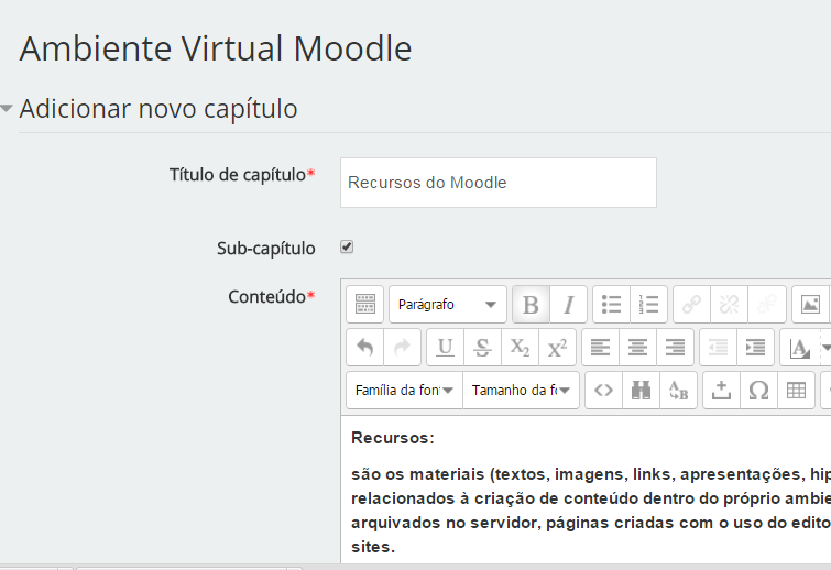 Figura 7 Novo capítulo inserido 5º Passo Inserir Capítulo (Figura 8) e subcapítulo (Figura 9) ao Livro.