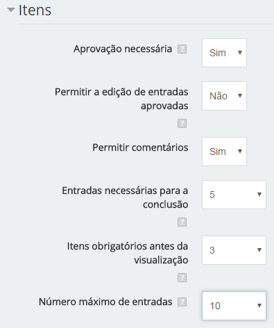 Figura 17 Exemplo de configuração de uma atividade Base de dados Itens V Número máximo de entradas: Permite definir o número máximo de itens que um estudante pode criar nesta atividade.