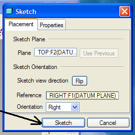 3 Selecionar um dos planos para desenhar a seção (sketch). - cursor do mouse sobre a linha de identificação do plano, a cor da linha muda para azul celeste e identifica o plano, neste exemplo F2(TOP).