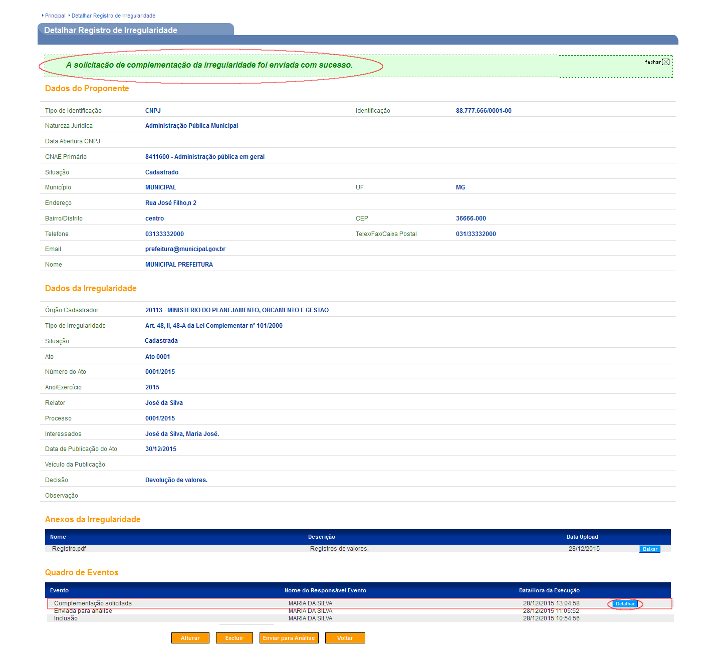 Figura 20 O sistema apresentará a tela Detalhar Análise Registro de Irregularidade.