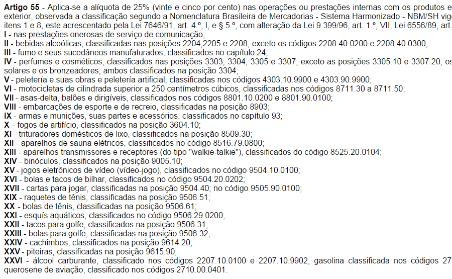 A alíquota do ICMS sobre serviços de telecom é a mesma que tacos de golfe I - nas prestações onerosas de serviço de comunicação II - bebidas alcoólicas III - fumo e seus sucedâneos manufaturados IV -