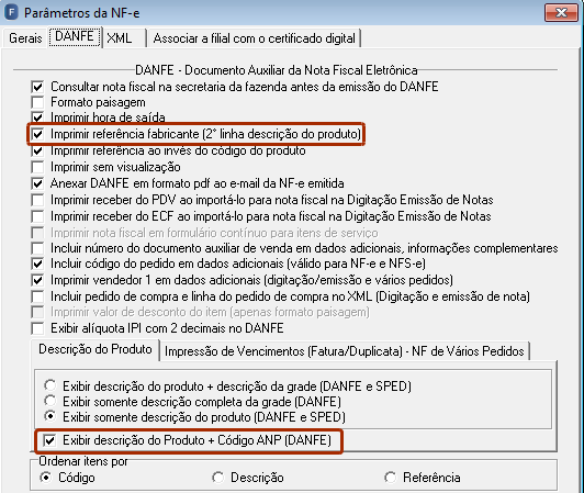 Digitação/Emissão de NF-e Configuração NF-e (Cadastro>Parâmetro>>NFE> Aba DANFE ) Referência Fabricante (Chamado 29214) Criado o parâmetro Imprimir referência fabricante (2 linha descrição do