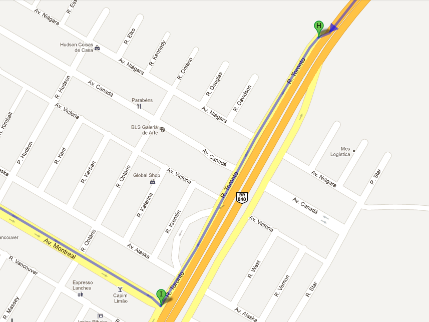 Seguir na BR 040 por 7,8km até a entrada do bairro Jardim Canadá pela via marginal à direita, ponto indicado pela letra H na imagem. G Saída da Rod.