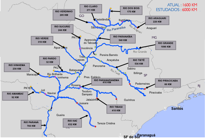 TRABALHO DE CAMPOS Bacia do Paraná: todos os rios analisados MAIS DE SEIS MIL KM DE RIOS PERCORRIDOS Com a definição de comboios tipo, os estudos da Ahrana se voltaram para o potencial de cargas a