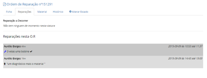 Página: Folha de Obra 2 No separador Reparações temos acesso a toda as reparações que foi feito na OR em questão, No inicio do separador temos acesso a os