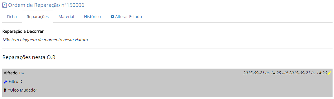 Página: Folha de Obra 3 No separador Reparações temos acesso a toda as reparações que foi feito na OR em questão, No inicio do separador temos acesso a os mecânicos que estão neste momento na viatura.