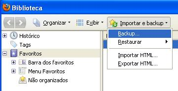 2) O recurso Biblioteca do Firefox será mostrado; clique no botão Importar e backup : 3) Após clicar