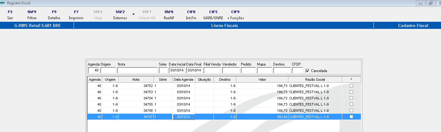 Registros Fiscais Nota Fiscal de Saída 34757 Série 1.