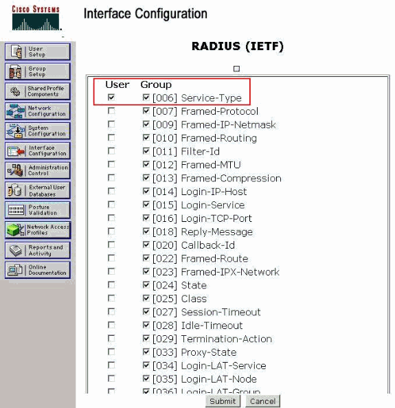 Isto toma-o à página dos ajustes do RAIO (IETF). Dos ajustes página do RAIO (IETF), você pode permitir o atributo IETF que precisa de ser visível sob o usuário ou as configurações de grupo.