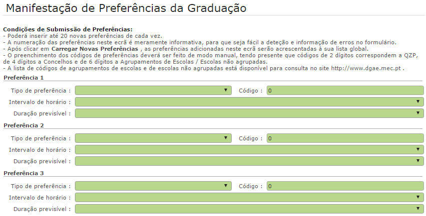 Imagem 10 Manifestação de Preferências para o GR 110 Seguidamente, o candidato deverá clicar no botão. 3.1.2 Carregar preferências Para iniciar o processo, o candidato deverá carregar em.