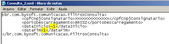 Modelos de arquivo de entrada para consultas (arquivo a ser colocado no Diretório Consulta ): O arquivo é no formato XML, podendo ser gerado por aplicações externas 1. O arquivo Consulta_1.