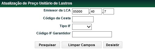 Lançamento de PU para Lastro de LCA Manutenção de Garantias Menu Manutenção de garantias > Lançamentos > Lançamento de PU para Lastro de LCA Visão Geral Esta função possibilita aos Participantes a