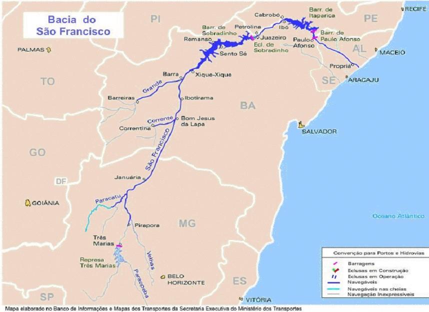 Rio São Francisco Navegável entre Pirapora-MG e Juazeiro-BA/Petrolina-PE, 1370 km Grande produção de