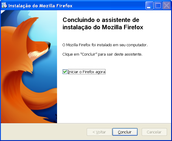 Clique em concluir e o Mozilla Firefox será automaticamente iniciado no seu computador.