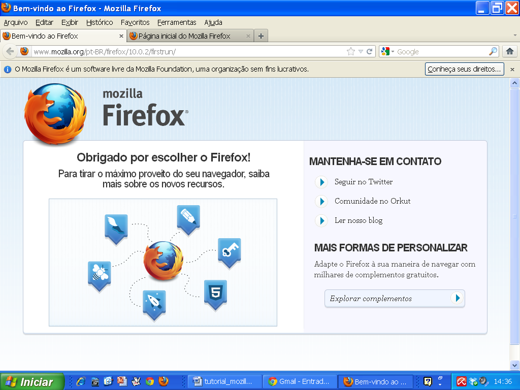 2 Como utilizar o Mozilla Firefox Principais áreas do Mozilla Firefox: 2 1 3 5 4 1 Barra de endereços: onde você digita o endereço do site que deseja acessar. 2 Guia.