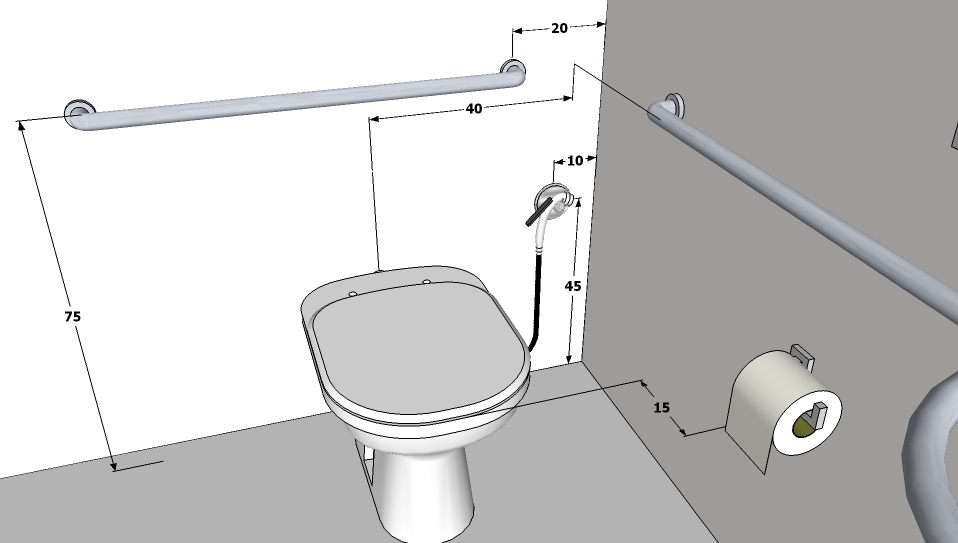 SANITÁRIO ACESSÍVEL Para a instalação da bacia deve ser prevista área de transferência lateral, perpendicular e diagonal, conforme figuras: Recomenda-se instalar ducha higiênica ao lado da bacia