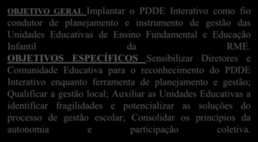 Implantar o PDDE Interativo como fio condutor de planejamento e instrumento de gestão das Unidades Educativas de Ensino Fundamental e Educação Infantil da RME.