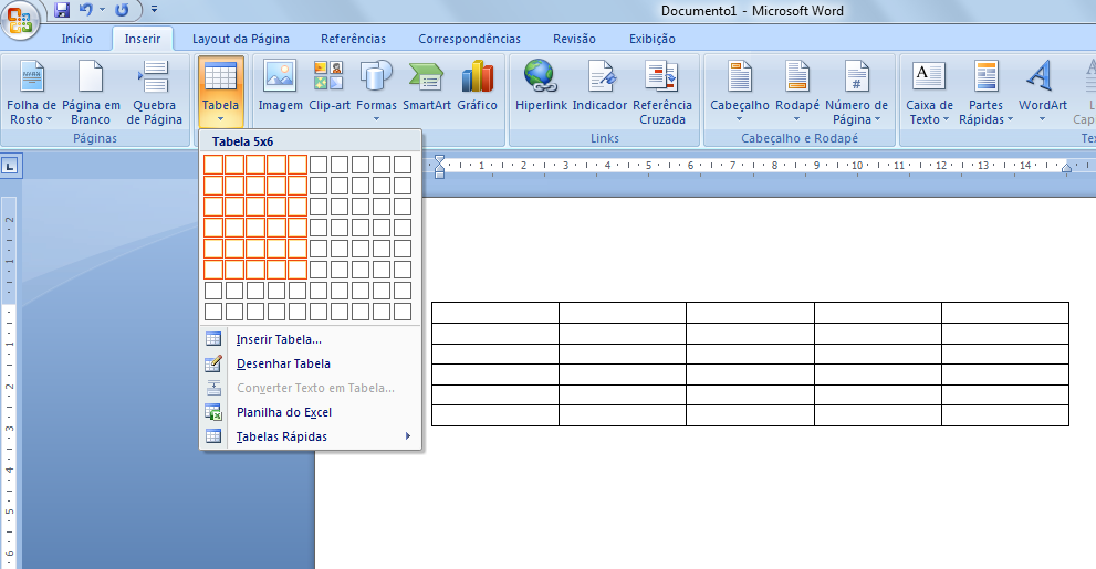 Inserindo Tabelas Editor de Texto Word 2007 Uma tabela é formada por linhas e colunas, cujo ponto de encontro ou intersecção formará as células, que poderão ser preenchidas com texto e elementos