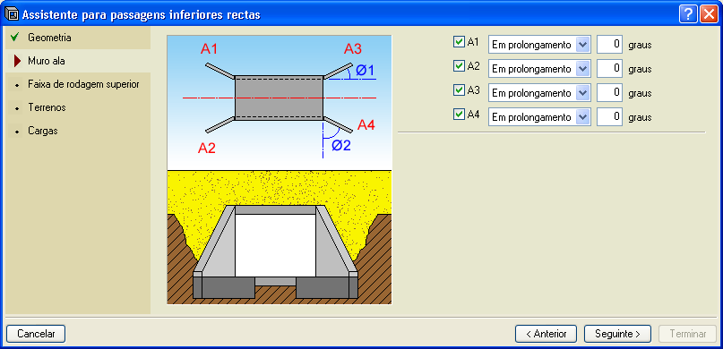 7 Permite definir uma passagem inferior de juntas e muros avenida paralelos, isto é, de planta rectangular. A título de exemplo mostra-se a sequência de dados a introduzir.