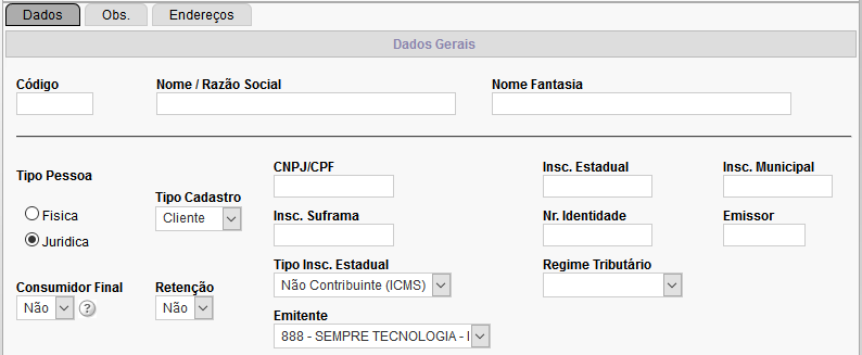 Cadastrando clientes Acessando o menu Cadastro > Cliente, o usuário será capaz de visualizar todos os clientes já cadastrados no sistema, clique no botão NOVO para incluir novos clientes.