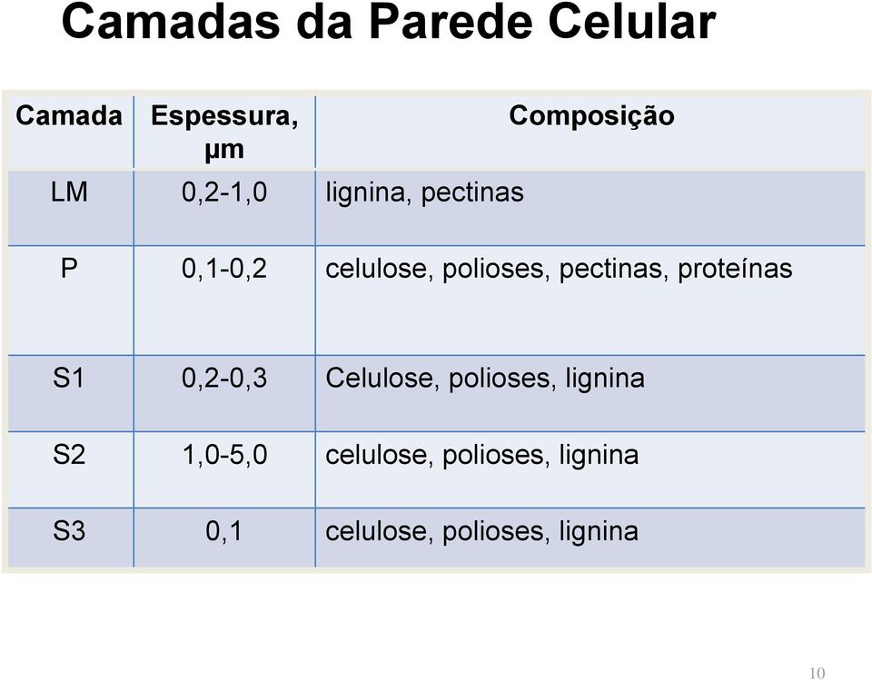 pectinas, proteínas S1 0,2-0,3 Celulose, polioses, lignina S2
