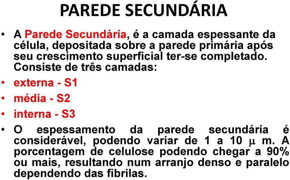 Consiste de três camadas: externa - S1 média - S2 interna - S3 O espessamento da parede secundária é