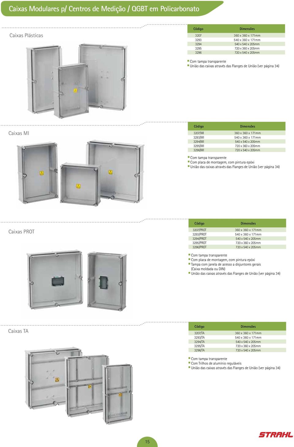 205mm 720 x 360 x 205mm 720 x 540 x 205mm Com tampa transparente Com placa de montagem, com pintura epóxi União das caixas através das Flanges de União (ver página 34) Caixas PROT 3207/PROT 3293/PROT