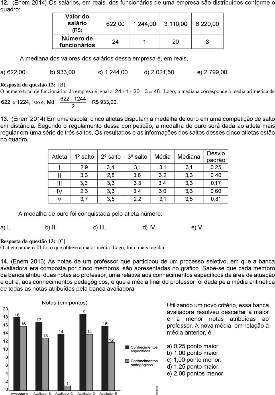 799,00 Resposta da questão 12: [B] O número total de funcionários da empresa é igual a 24 1 20 3 48. Logo, a mediana corresponde à média aritmética de 622 1244 622 e 1224, isto é, Md R$ 933,00. 2 13.