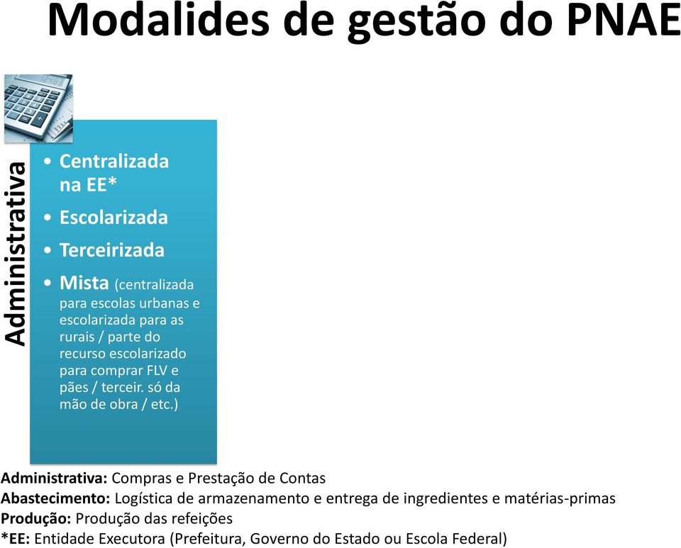 ) Armazém central com entrega pela EE Entrega ponto a ponto (fornecedor entrega diretamente nas escolas) Mista (ponto a ponto para FLV, pães, resfriados, congelados e central para outros / etc.