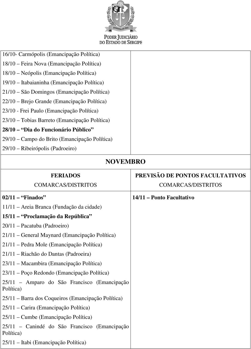 (Emancipação Política) 29/10 Ribeirópolis (Padroeiro) NOVEMBRO 02/11 Finados 11/11 Areia Branca (Fundação da cidade) 15/11 Proclamação da República 20/11 Pacatuba (Padroeiro) 21/11 General Maynard