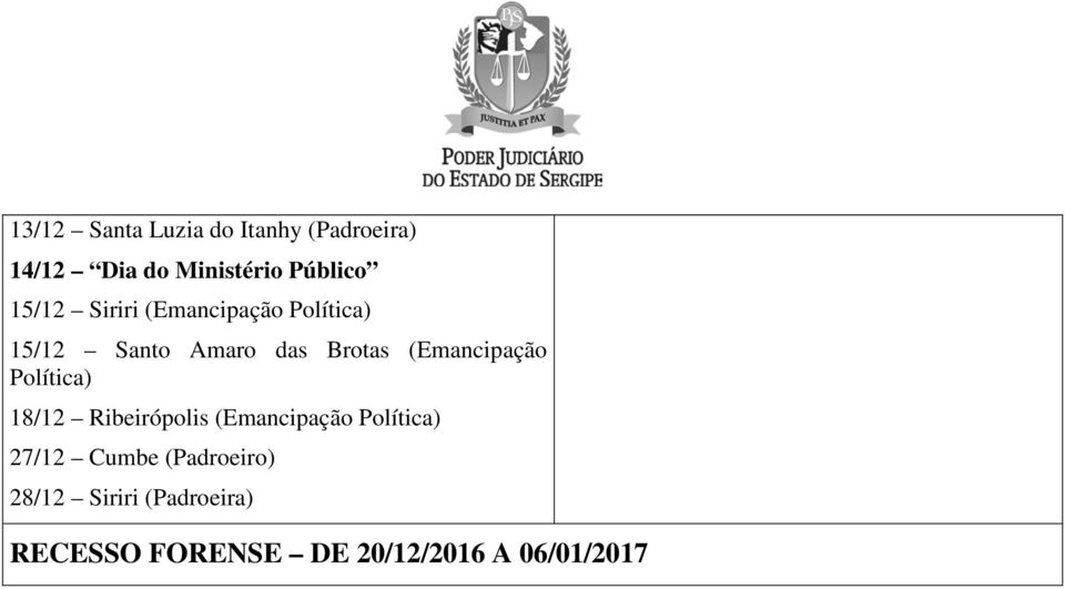 (Emancipação Política) 18/12 Ribeirópolis (Emancipação Política) 27/12