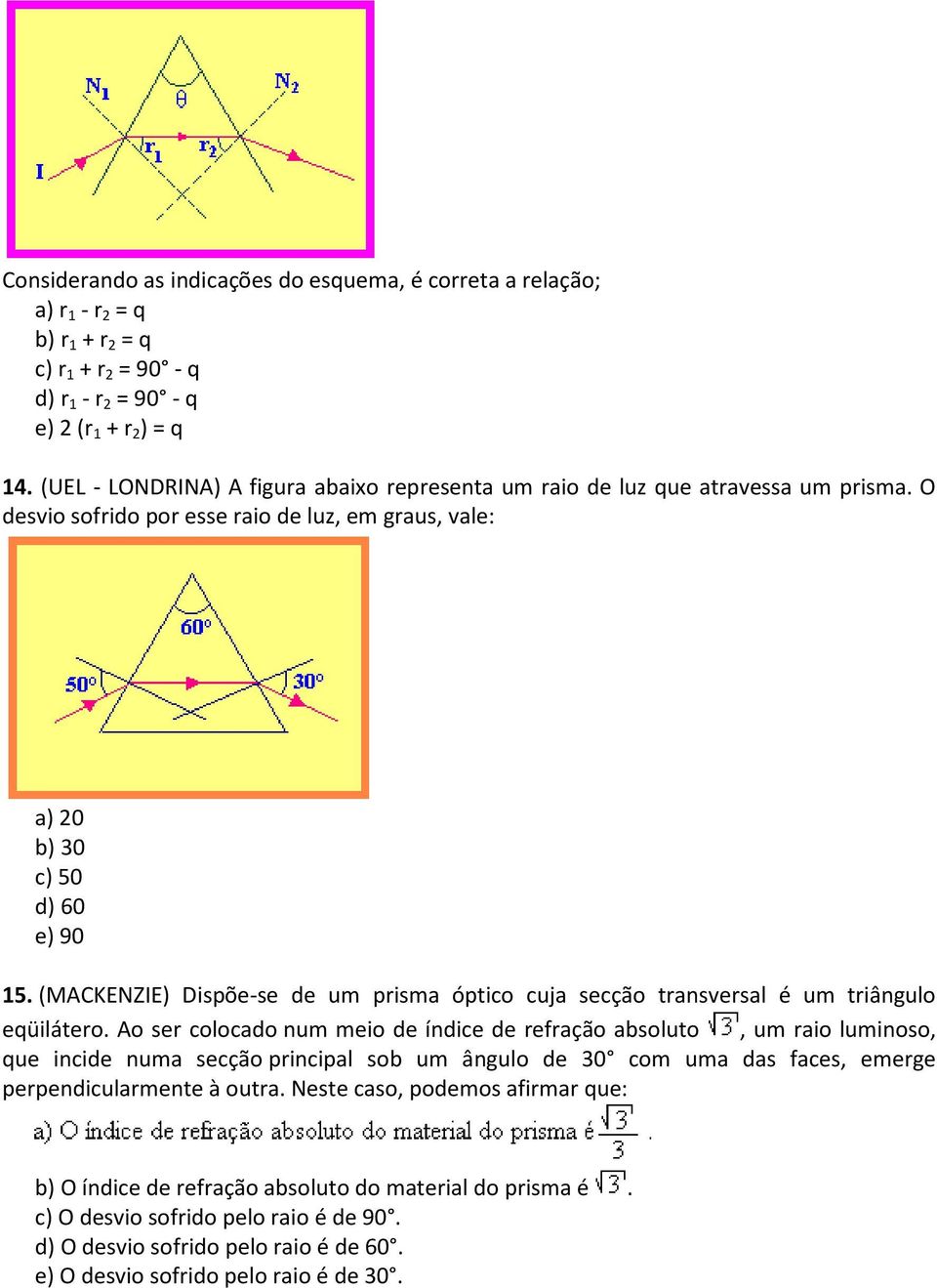 (MACKENZIE) Dispõe-se de um prisma óptico cuja secção transversal é um triângulo eqüilátero.