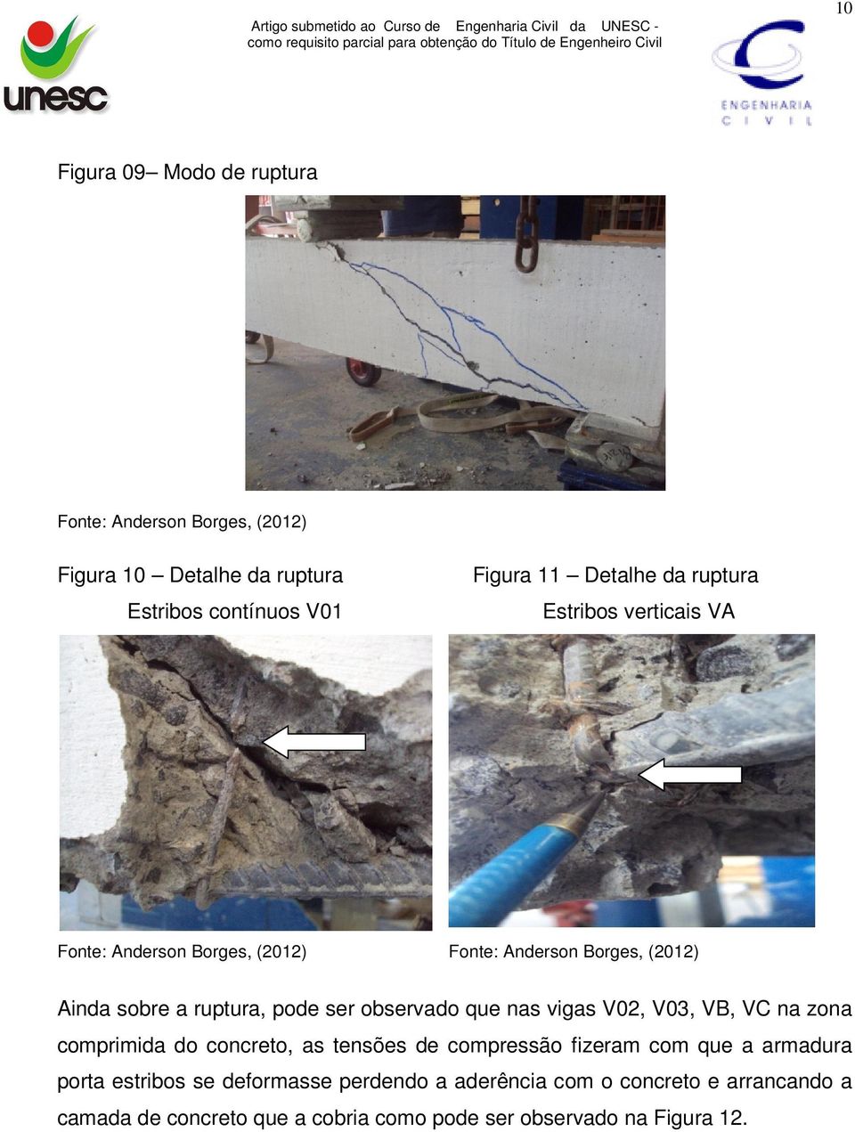 comprimida do concreto, as tensões de compressão fizeram com que a armadura porta estribos se deformasse