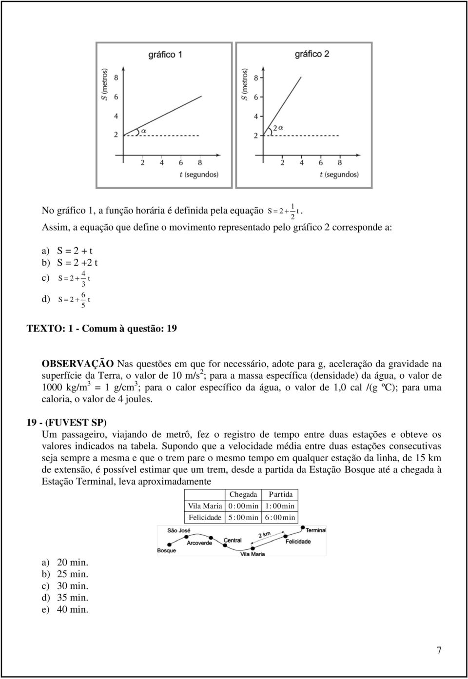 for necessário, adote para g, aceleração da gravidade na superfície da Terra, o valor de 10 m/s 2 ; para a massa específica (densidade) da água, o valor de 1000 kg/m 3 = 1 g/cm 3 ; para o calor