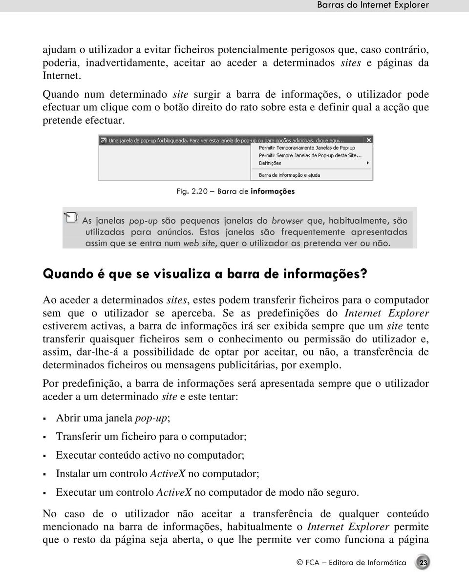 20 Barra de informações As janelas pop-up são pequenas janelas do browser que, habitualmente, são utilizadas para anúncios.