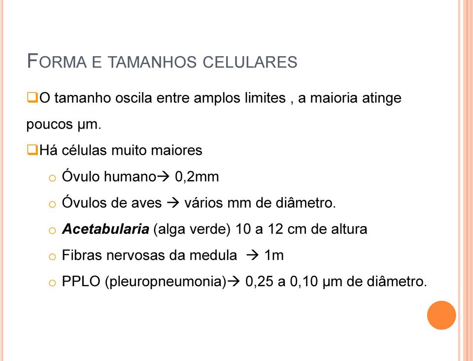 Há células muito maiores o Óvulo humano 0,2mm o Óvulos de aves vários mm de