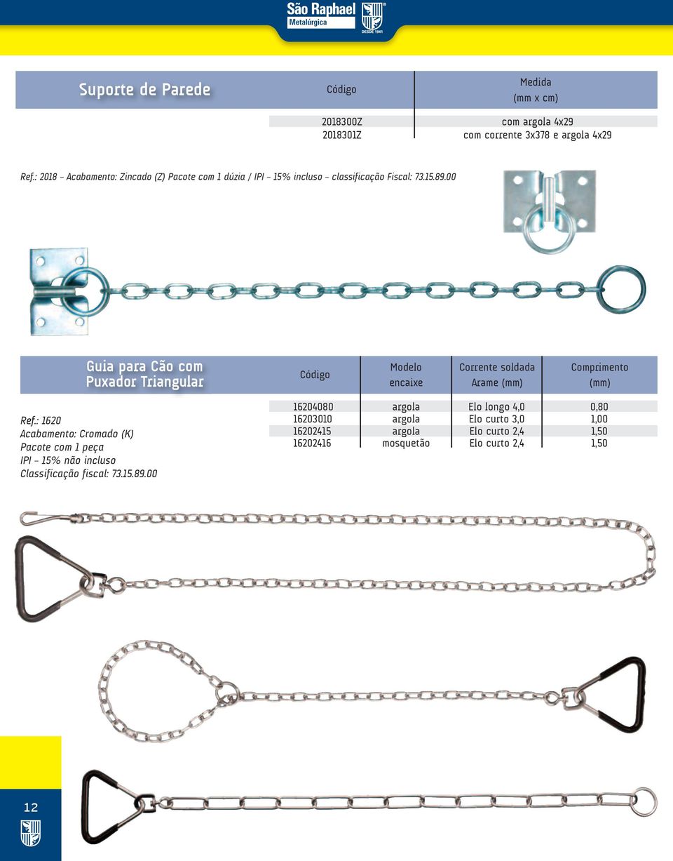 00 Guia para Cão com Puxador Triangular Modelo encaixe Corrente soldada Arame Comprimento Ref.