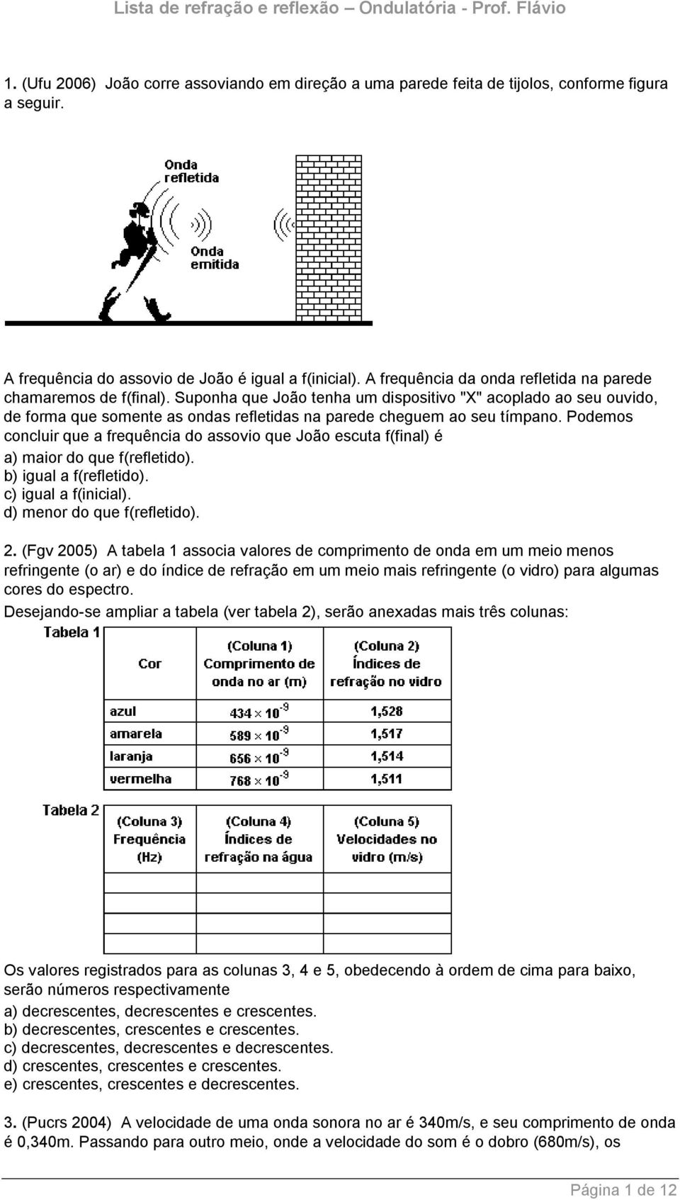 Suponha que João tenha um dispositivo "X" acoplado ao seu ouvido, de forma que somente as ondas refletidas na parede cheguem ao seu tímpano.